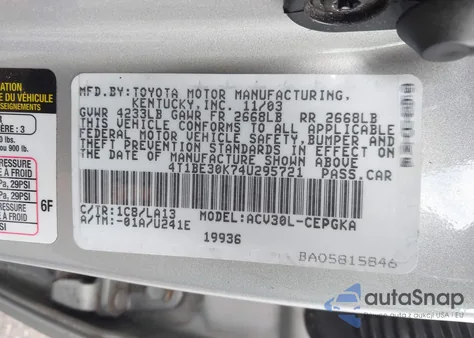 2004 Toyota Camry Xle z USA, uszkodzony, nr VIN 4T1BE30K74U295721